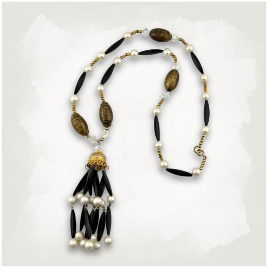 Vintage Black & Gold Beaded Tassel Flapper Necklace