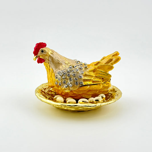 Vintage Gold Hen Rhinestone Trinket Box