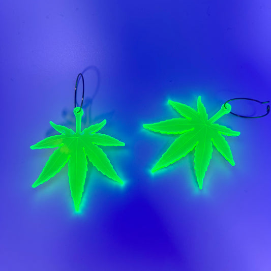 Black Light Reactive Earrings - 420 Pot Leaf Fluorescent Green Acrylic Hoops