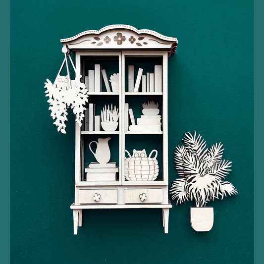DIY Mini Bookshelf Kit – Laser Cut Wood Craft with Books, Cats, & Plants