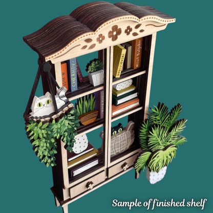 DIY Mini Bookshelf Kit – Laser Cut Wood Craft with Books, Cats, & Plants