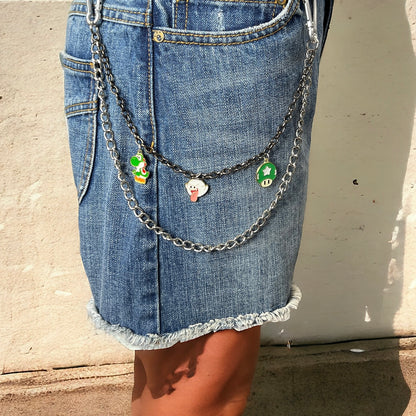 Y2K Double Pocket Chain with Cartoon Charms - Dino - Ghost - Shroom