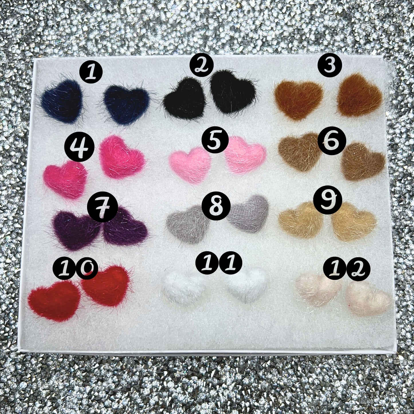 Adorable Fuzzy Teddy Bear Heart Earrings – a sweet Valentine's Day gift. Handmade with love for a cozy and stylish touch. Shop now at Extra Kitsch! This photo displays all of the colors next to each other for comparison with numbers assigned to each color.