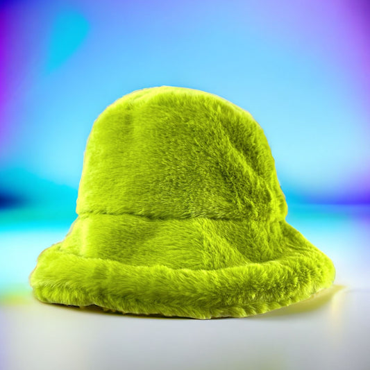 Luck of the Irish Green Furry Festival Bucket Hat – Vibrant and festive accessory for standing out at festivals and events! Displayed on a table. Front view.