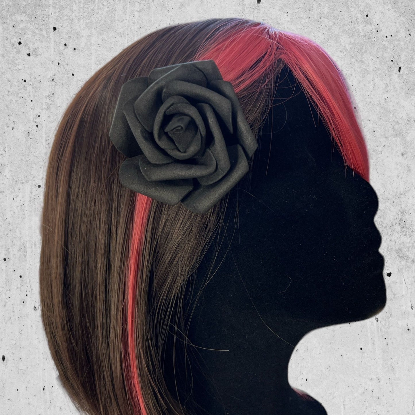 Oversized black rose hairpins by Extra Kitsch, perfect for gothic, romantic, and feminine styles. Lightweight foam for a comfortable and bold look. Displayed on a mannequin.