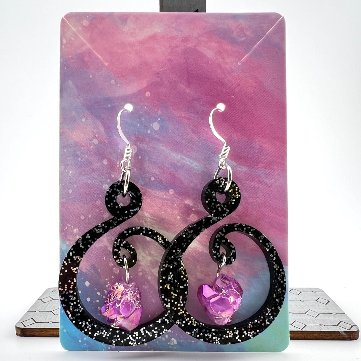 Pink Quartz Black Glitter Swirl Hoop Earrings