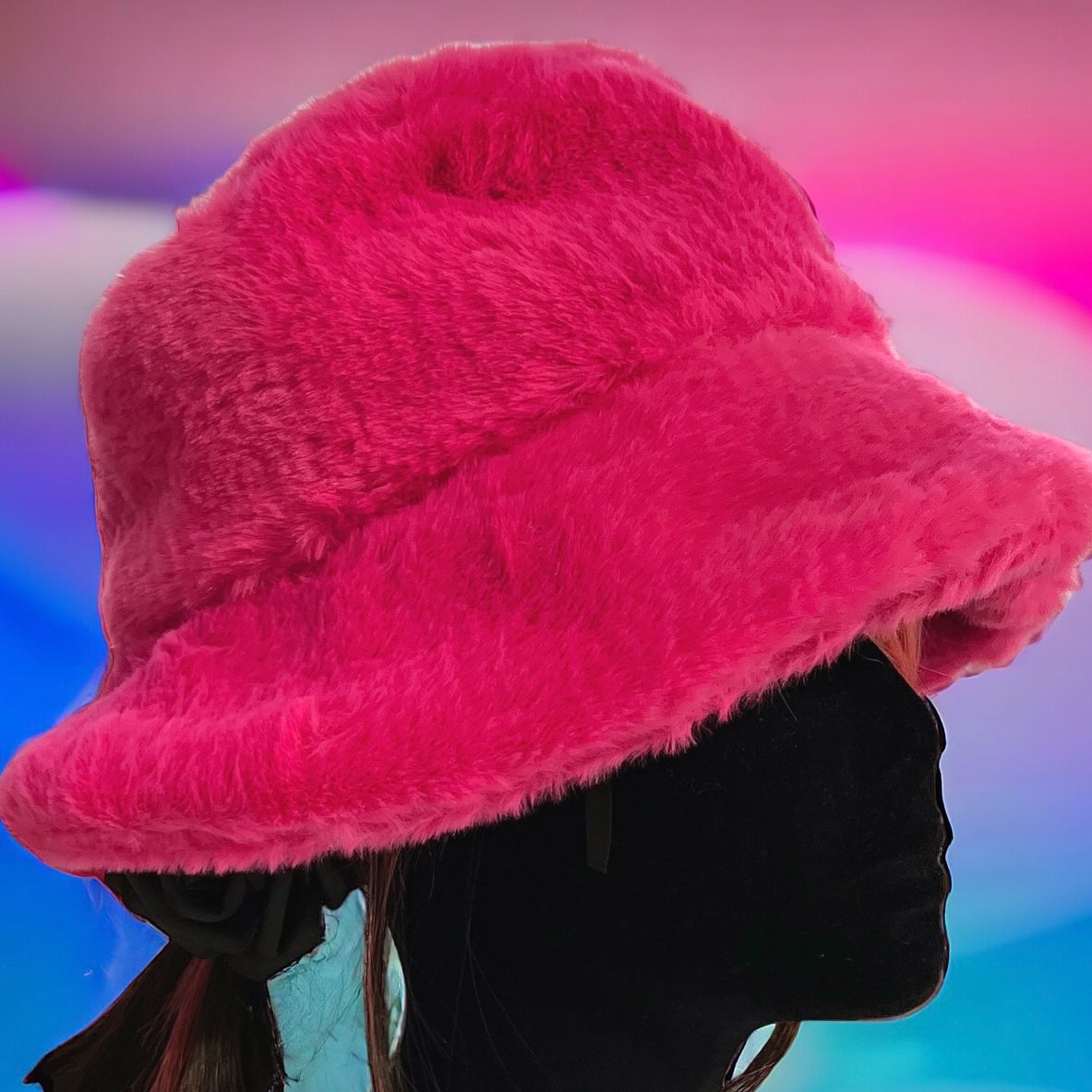 Sassy "That's Hot" Pink Furry Festival Bucket Hat – a vibrant accessory for making a bold fashion statement at any event! Displayed on a mannequin.