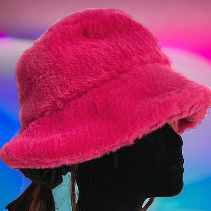 Sassy "That's Hot" Pink Furry Festival Bucket Hat – a vibrant accessory for making a bold fashion statement at any event! Displayed on a mannequin.