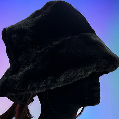 Gloomy Black Furry Festival Bucket Hat – sophisticated and stylish accessory for standing out at festivals and events. Displayed on a mannequin.