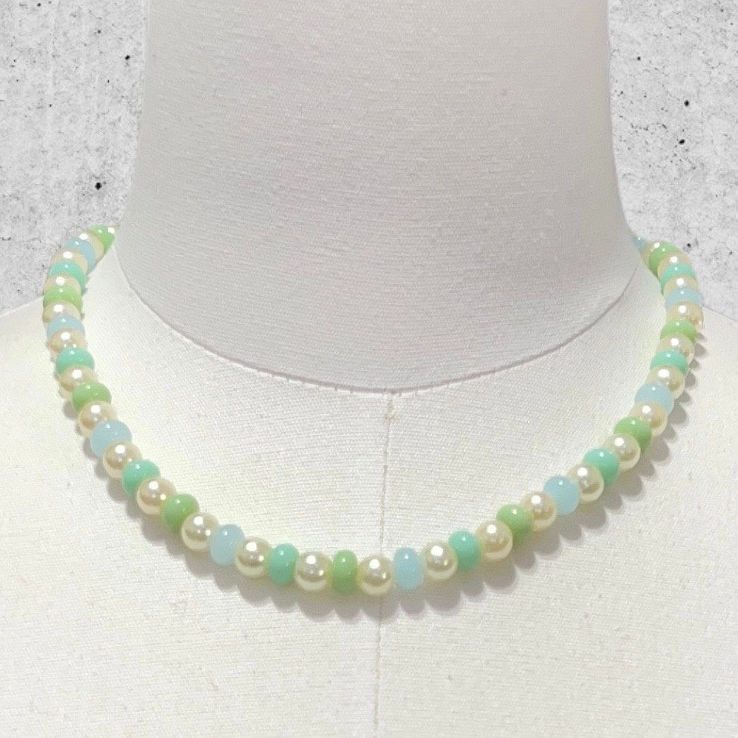 Handmade Pearls and Pastel Beaded Choker Necklace by Extra Kitsch. Shades of green displayed on a mannequin.