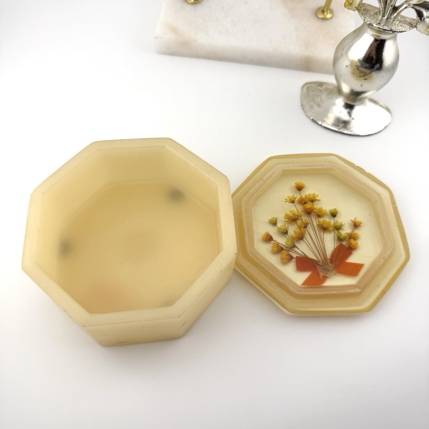 Vintage Lucite Vanity Trinket Box with Dried Yellow Flowers Embedded