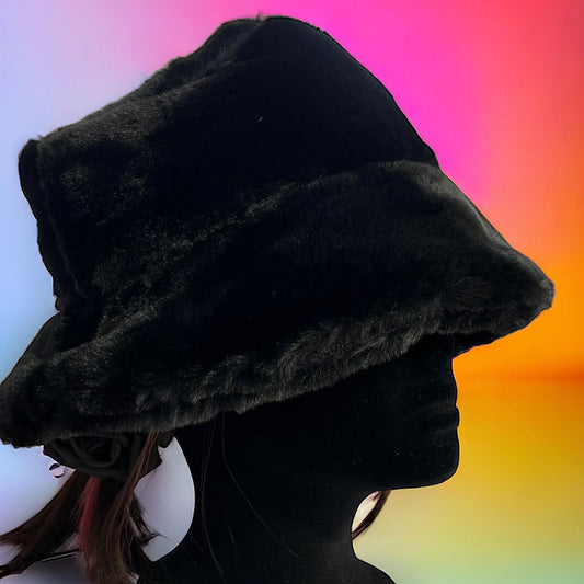 Gloomy Black Furry Festival Bucket Hat – sophisticated and stylish accessory for standing out at festivals and events. Displayed on a mannequin.