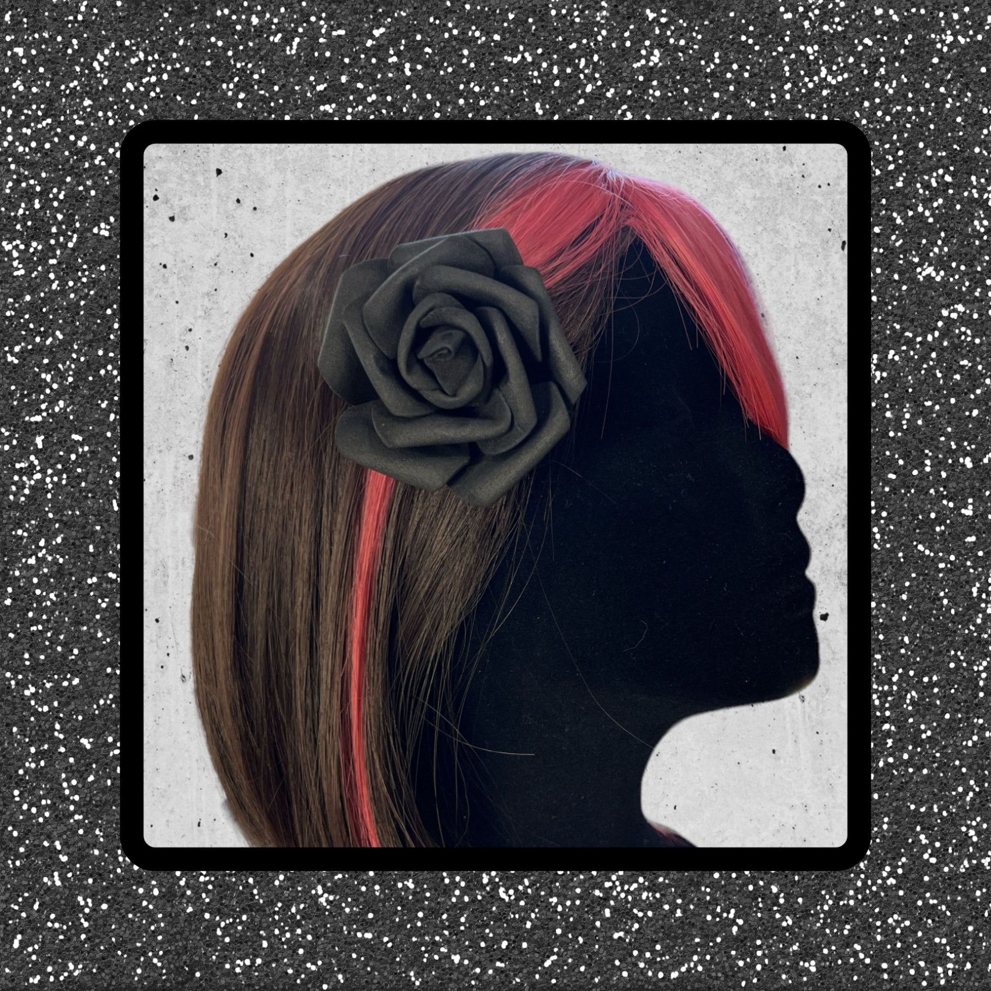 Oversized black rose hairpins by Extra Kitsch, perfect for gothic, romantic, and feminine styles. Lightweight foam for a comfortable and bold look. Displayed on a mannequin.