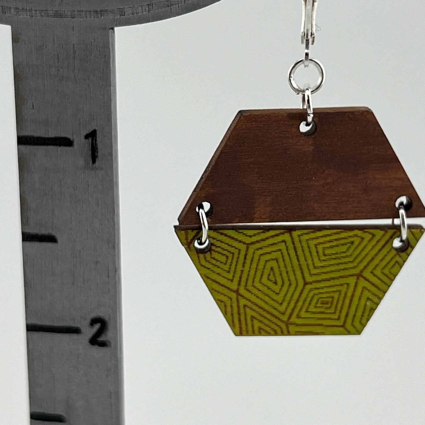 Geometric bohemian wood engraved hexagon handmade earrings