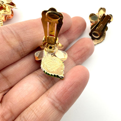 Retro Orange Flower Brooch and Clip On Earring Set