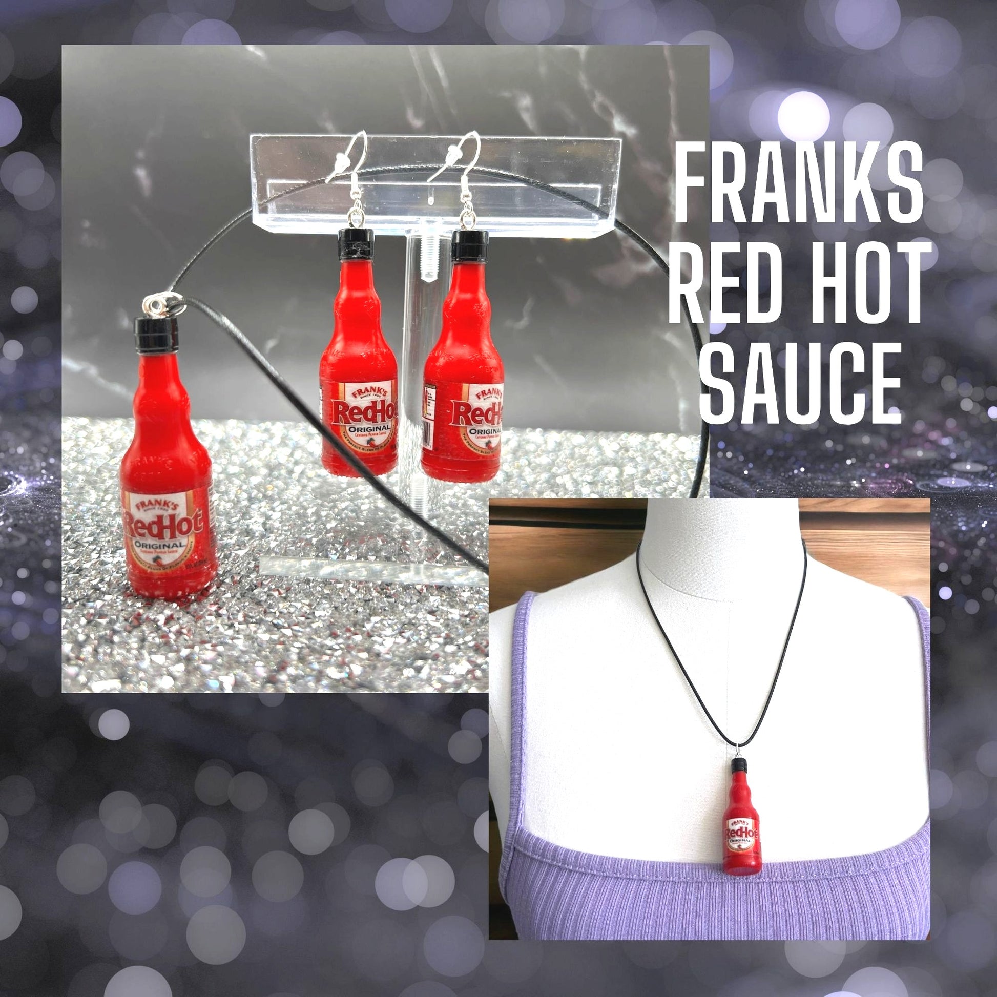 Quirky Mini Food Earrings and Necklace Gift Set—funny, upcycled jewelry for a touch of whimsy. Perfect novelty gift for any occasion! Displaying the Franks Red Hot Sauce set.