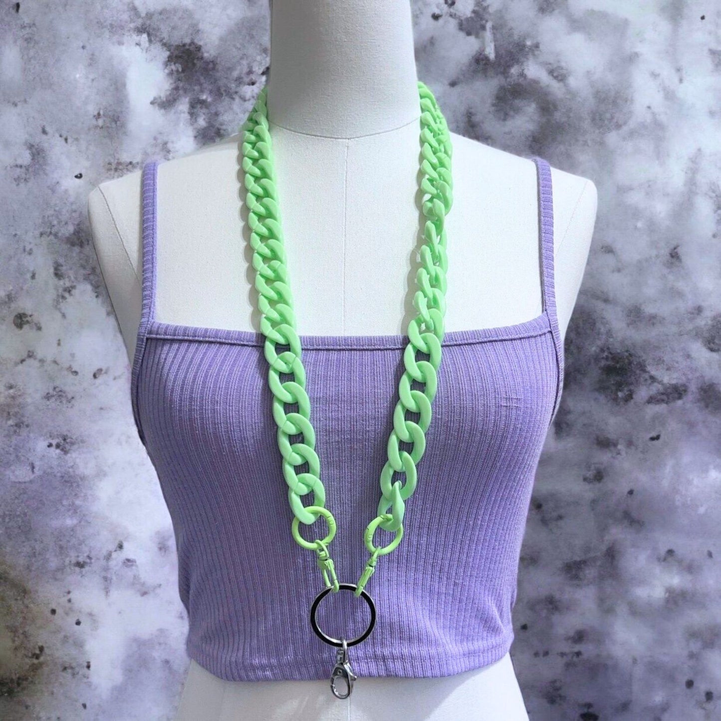 Versatile Green Chunky Chain Link Lanyard for glasses, keys, badges, or masks. Displayed on a mannequin as a key lanyard.