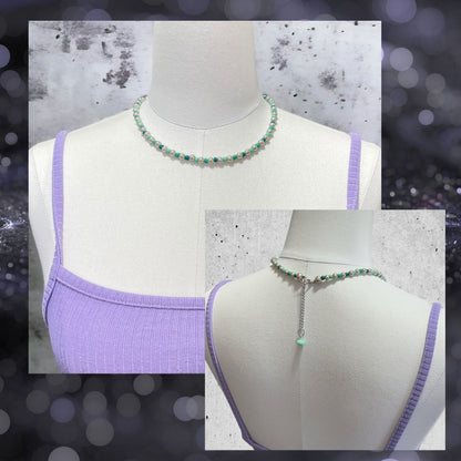 Handmade Pearls and Pastel Beaded Choker Necklace by Extra Kitsch. Gray pearl with teal displayed on a mannequin.