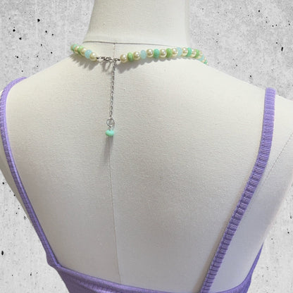 Handmade Pearls and Pastel Beaded Choker Necklace by Extra Kitsch. Faux pearls, blue and green glass beads on an adjustable length choker for timeless elegance. Shows the back, on a mannequin.