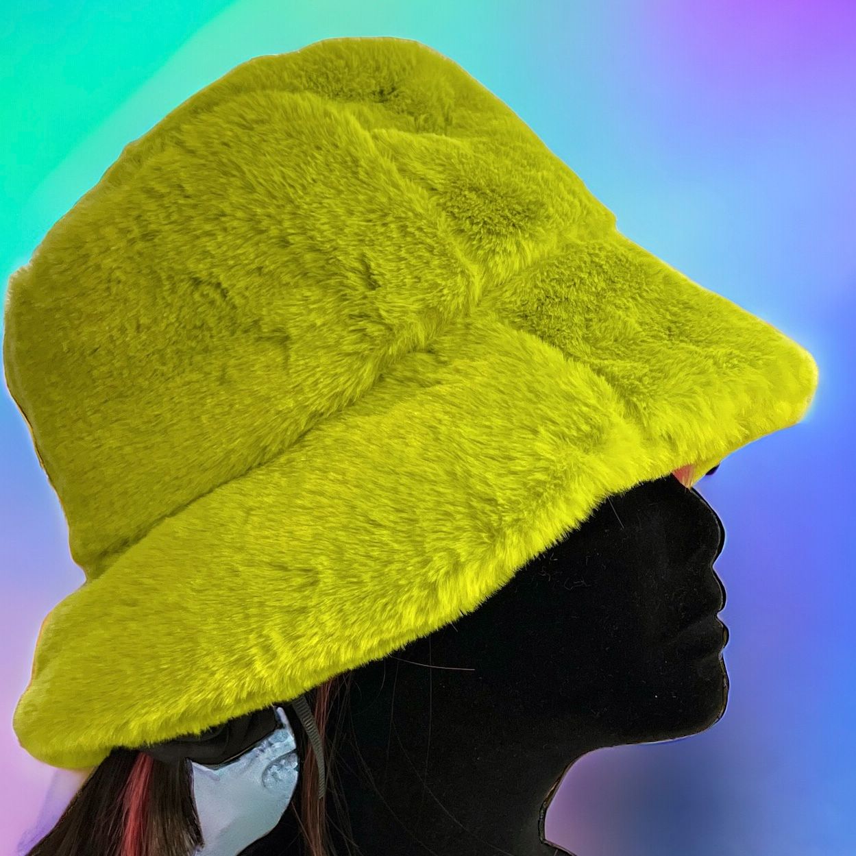 Luck of the Irish Green Furry Festival Bucket Hat – Vibrant and festive accessory for standing out at festivals and events! Displayed on a mannequin.